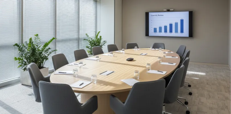 Empty conference room with an oval table and a wall screen showing a bar chart