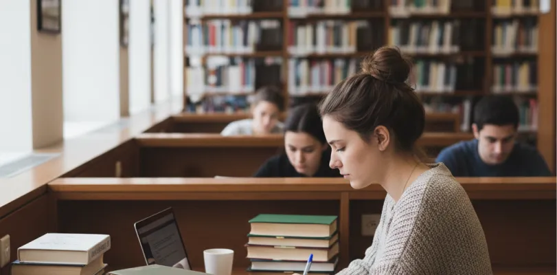 Student writing beside a laptop and stacked books at a library table, others studying behind