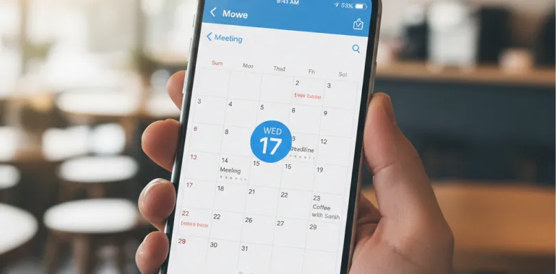 Hand holding a phone showing a calendar app with a date circled, cafe blurred behind