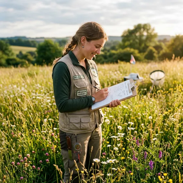 Priya Raman '27 writing on a clipboard in a wildflower meadow, wearing a field vest