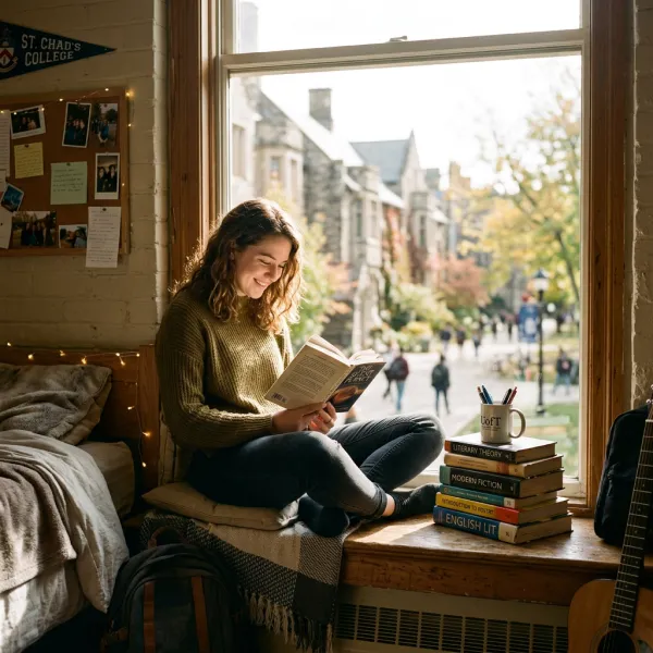 Priya Raman '27 sitting on a dorm window seat reading a paperback, books stacked beside her