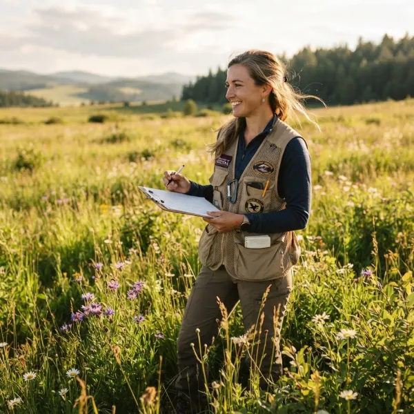 Priya Raman, wearing a field vest and holding a clipboard in an open meadow
