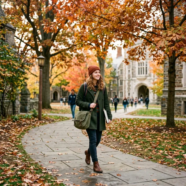 Priya Raman '27, walking a leaf-strewn campus path with a shoulder bag and knit hat