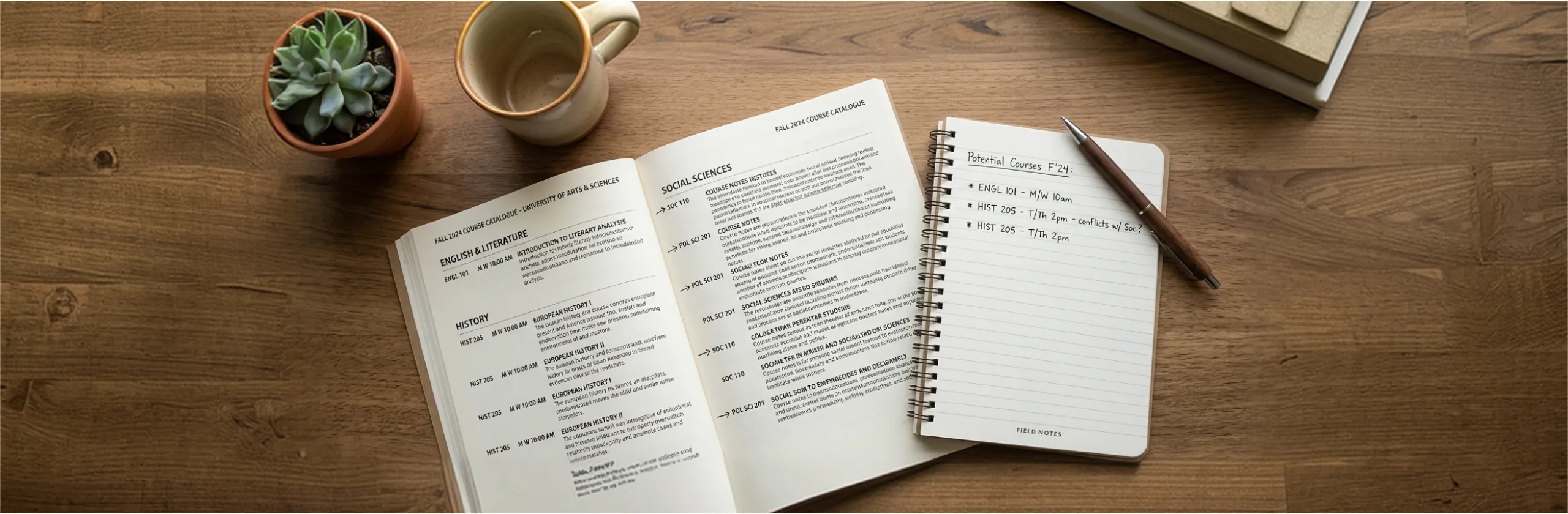 Open printed course catalog on a wooden desk beside a notebook listing courses by hand