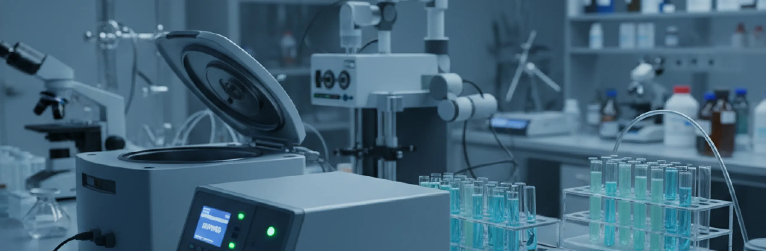 Laboratory bench with an open centrifuge, microscope, and rack of tubes holding blue liquid