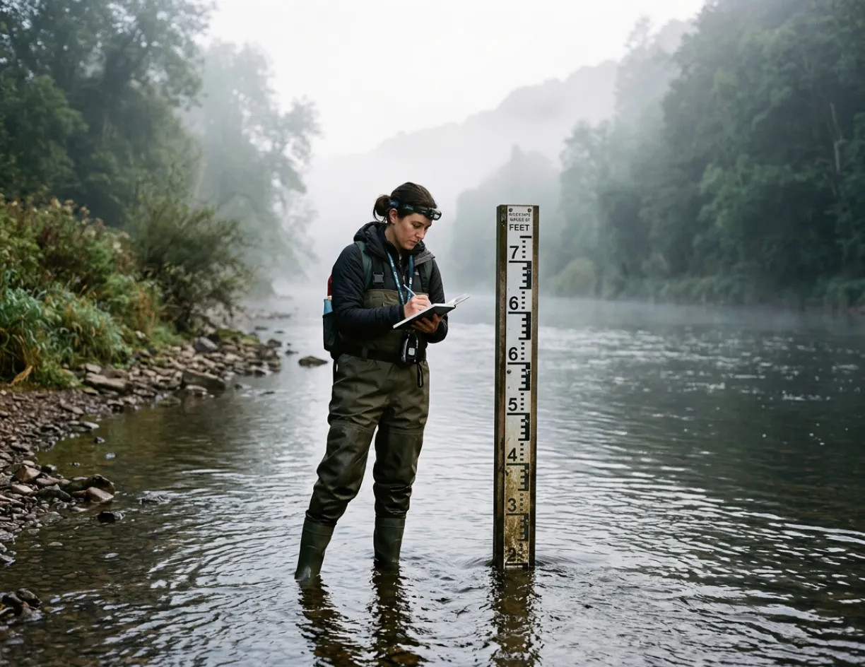 Researcher in waders writing in a field notebook beside a river depth gauge