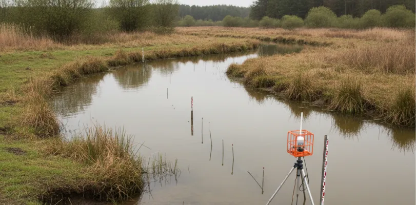 Orange survey instrument on a tripod beside a winding stream through open marsh grass