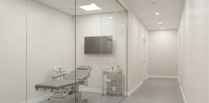 Empty clinical exam room with padded table and supply cart behind a glass corridor wall