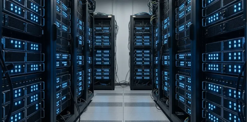 Aisle between rows of server racks with blue indicator lights in a data center