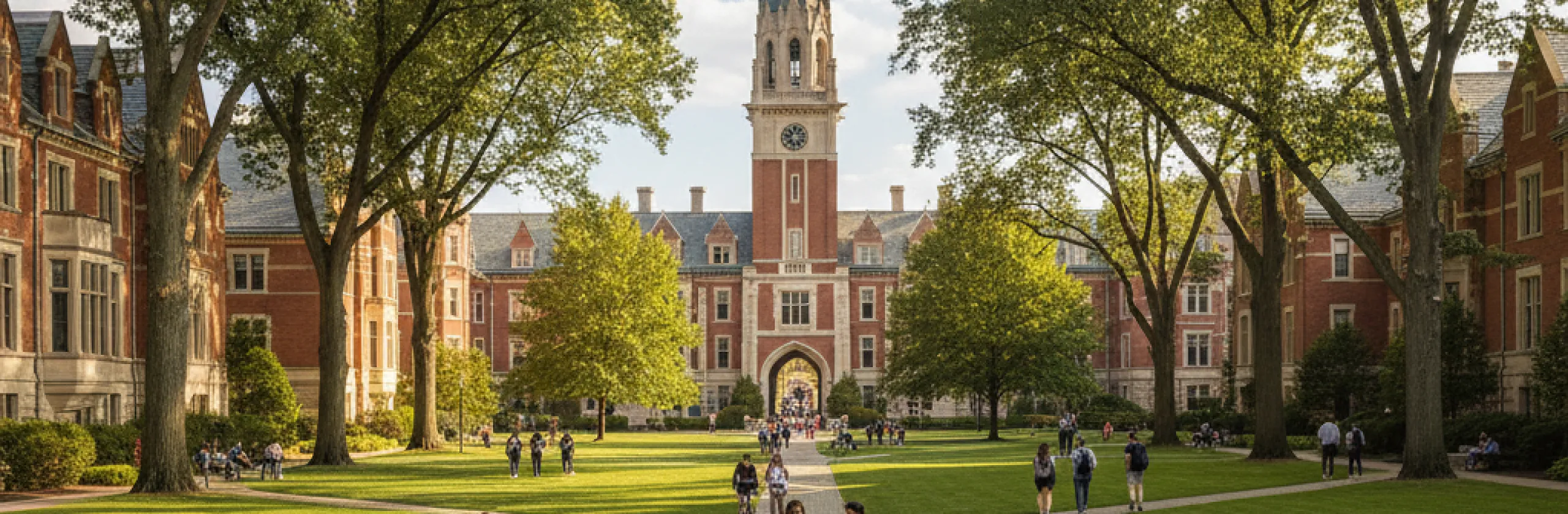 Students crossing a tree-lined green in front of a brick building with a clock tower