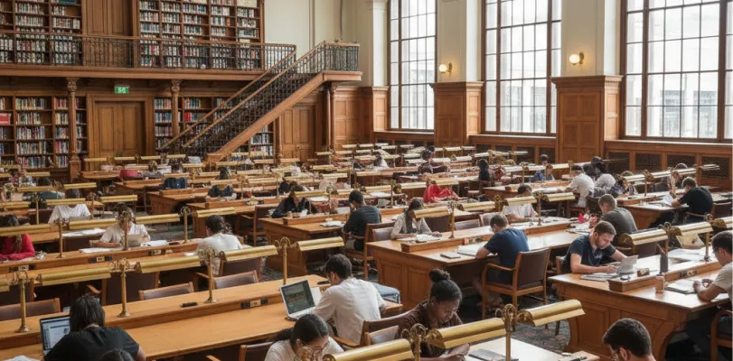 Students working at long wooden tables with brass lamps in a galleried reading room