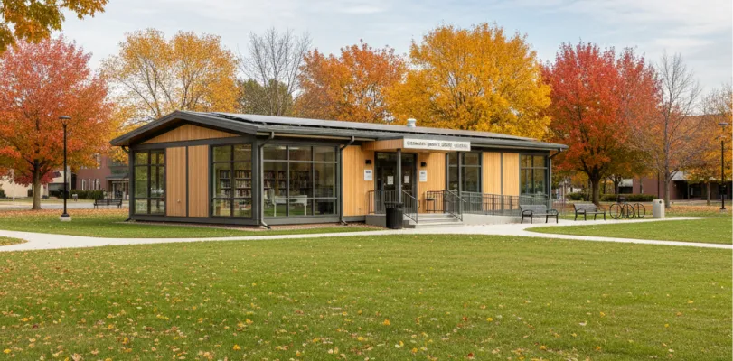 Single-story timber and glass building with benches and bike racks, ringed by fall foliage