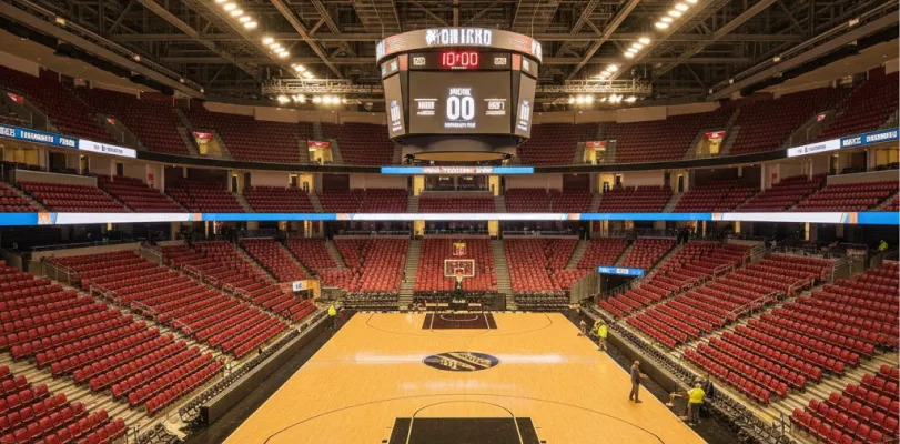 Empty arena with red seats tiered around a wooden basketball court and center scoreboard