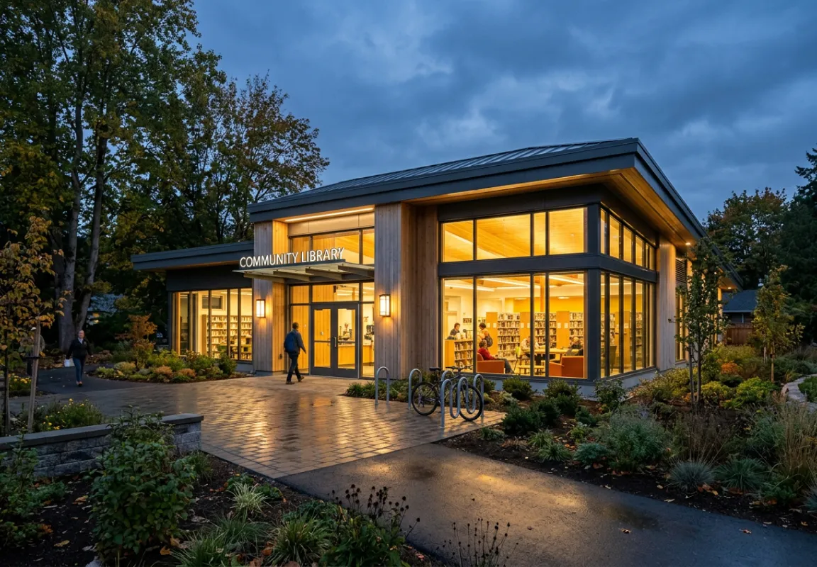 Glass-fronted library lit from within at dusk, a person walking toward the entrance