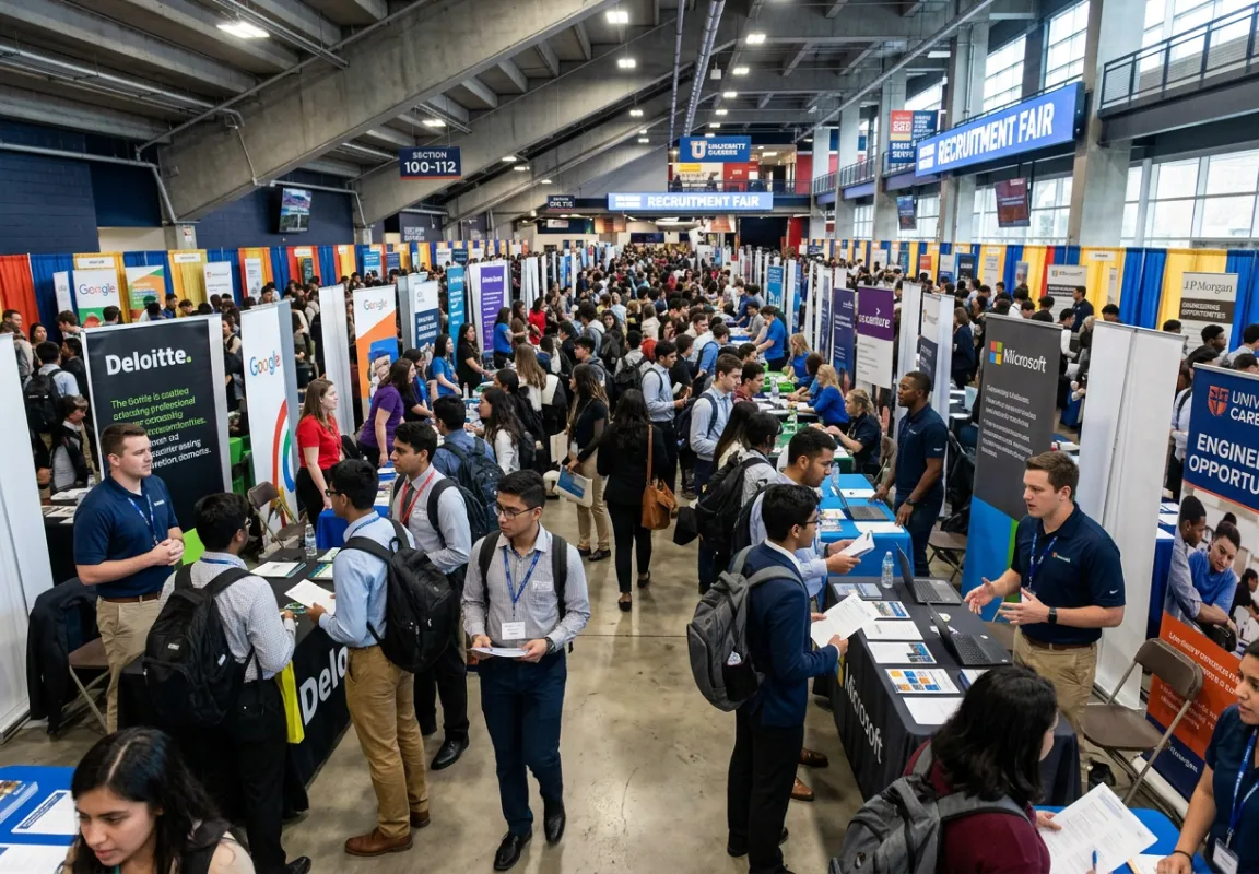 Rows of recruiting booths on an arena floor with students walking between them