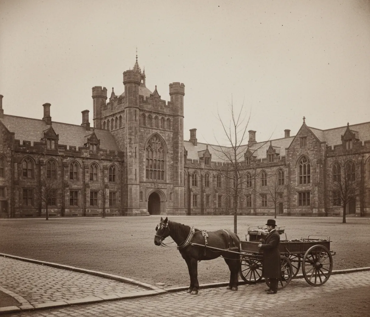 Historic sepia view of a horse and cart outside a Gothic stone quadrangle