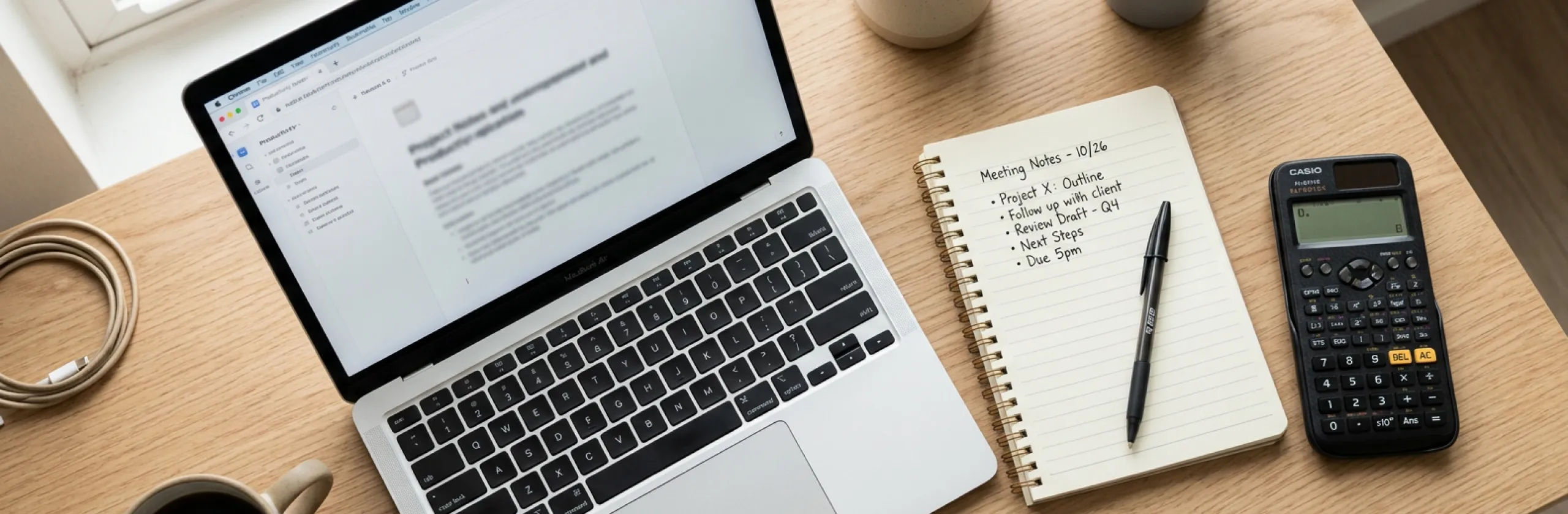 Open laptop, calculator, and spiral notebook arranged on a light wooden desk