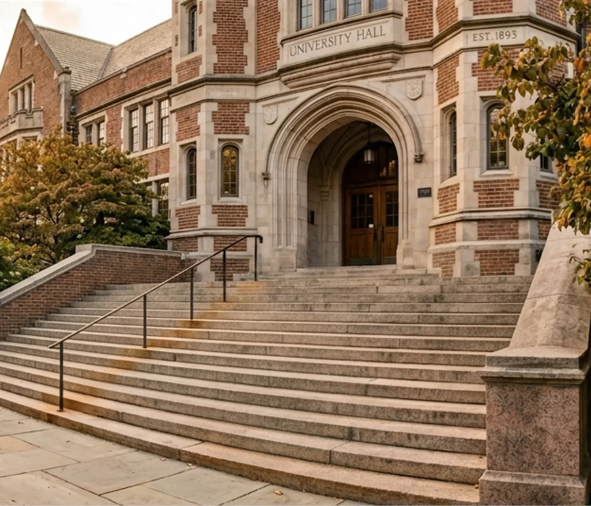 Wide granite steps leading to an arched brick and stone entrance with carved lettering