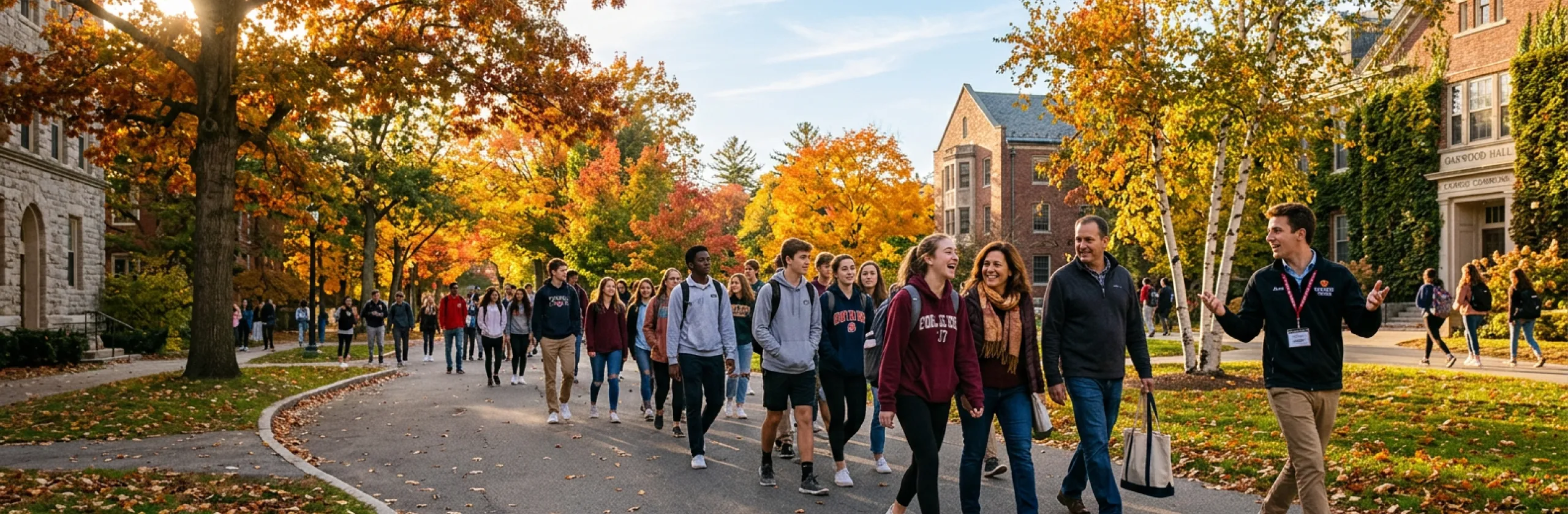 Guide in a lanyard leading families and students along a campus path in fall